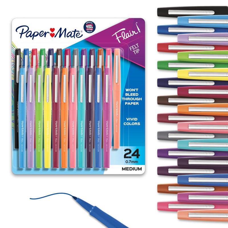 Paper Mate أقلام تلوين ورقية من بيبر ميت، أقلام ماركر فليير، نقطة متوسطة، متنوعة، 24 قطعة - للمنزل، المكتب، العودة إلى المدرسة، مستلزمات المعلمين - Image 1